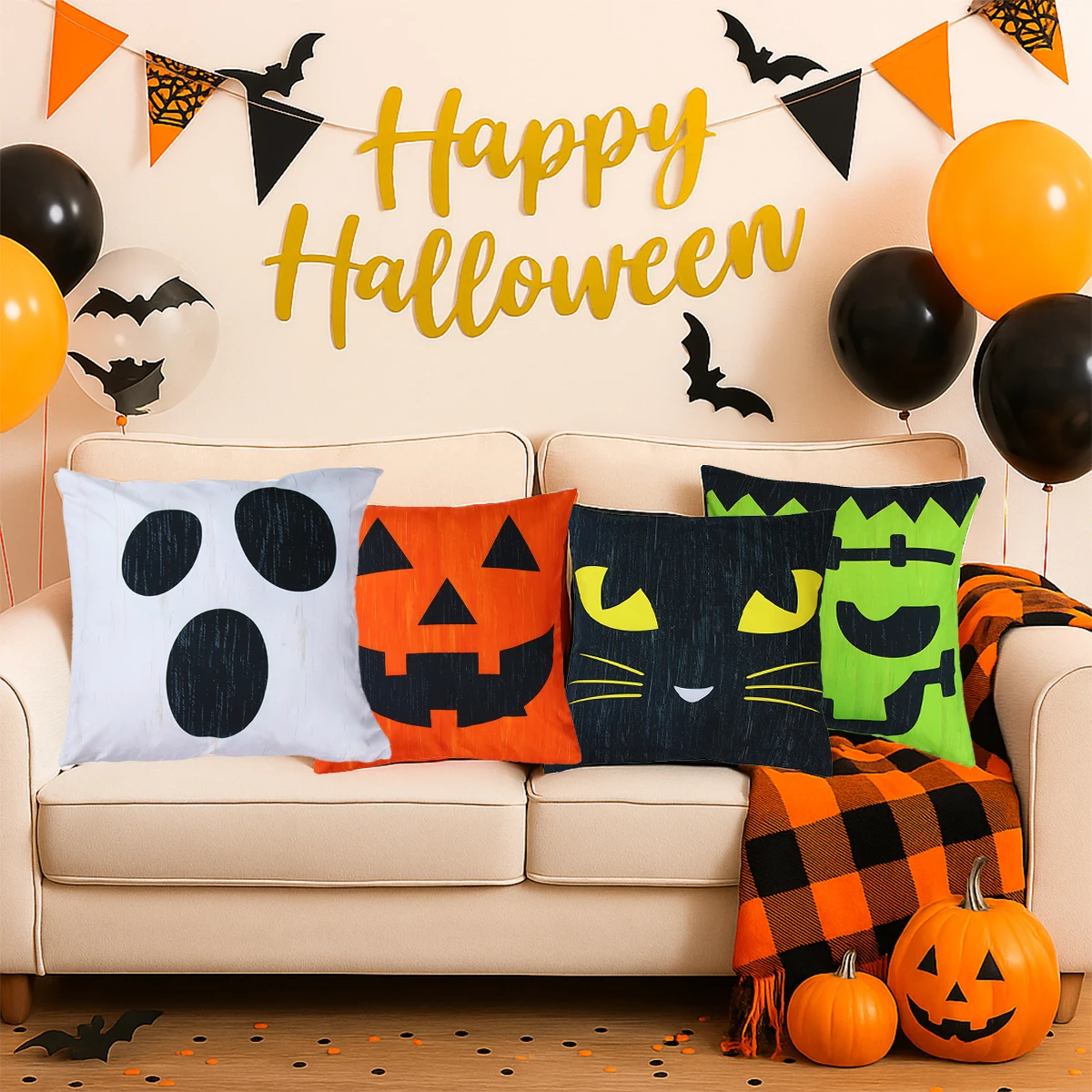 

4pcs Halloween Cushion Cover Halloween Decoration 2025 for Home Ghost Pumpkin Bat Pillowcase Horror Trick Or Treat Party Supplie