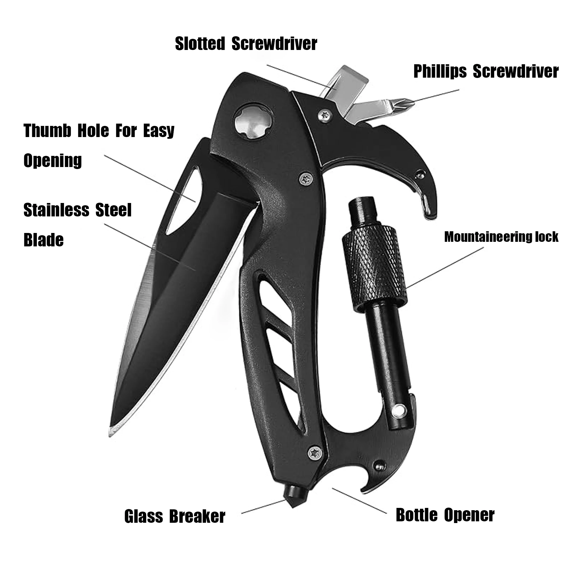 Outdoor multi-functional tool, EDC knife, foldable portable tool, climbing buckle, for outdoor camping and hiking, men's gift