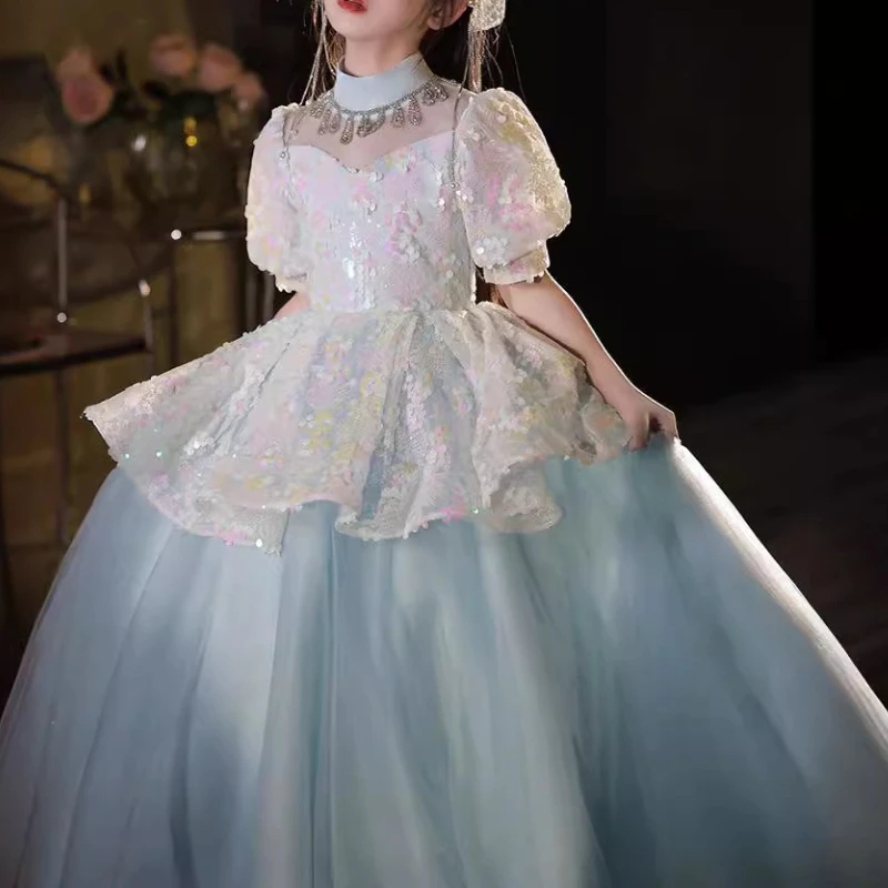 Customized High End Luxury O-neck Puff Sleeve Princess Vestidos Exquisite Sequin Design Temperament Robe Birthday Party Cascadin