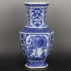 Blue White Qing Vase Hexagon Ceramic Vase for Plants Dragon Blue and White Vase for Flowers Desk Decoration