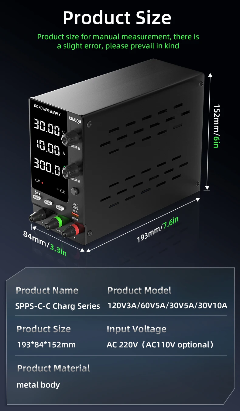 KUAIQU Lab Bench Power Supply Adjustable 3.7V 4.8V 12V 24V 48V 60V 72V 100V Battery Charging For R&D,Activate battery,BMS Test