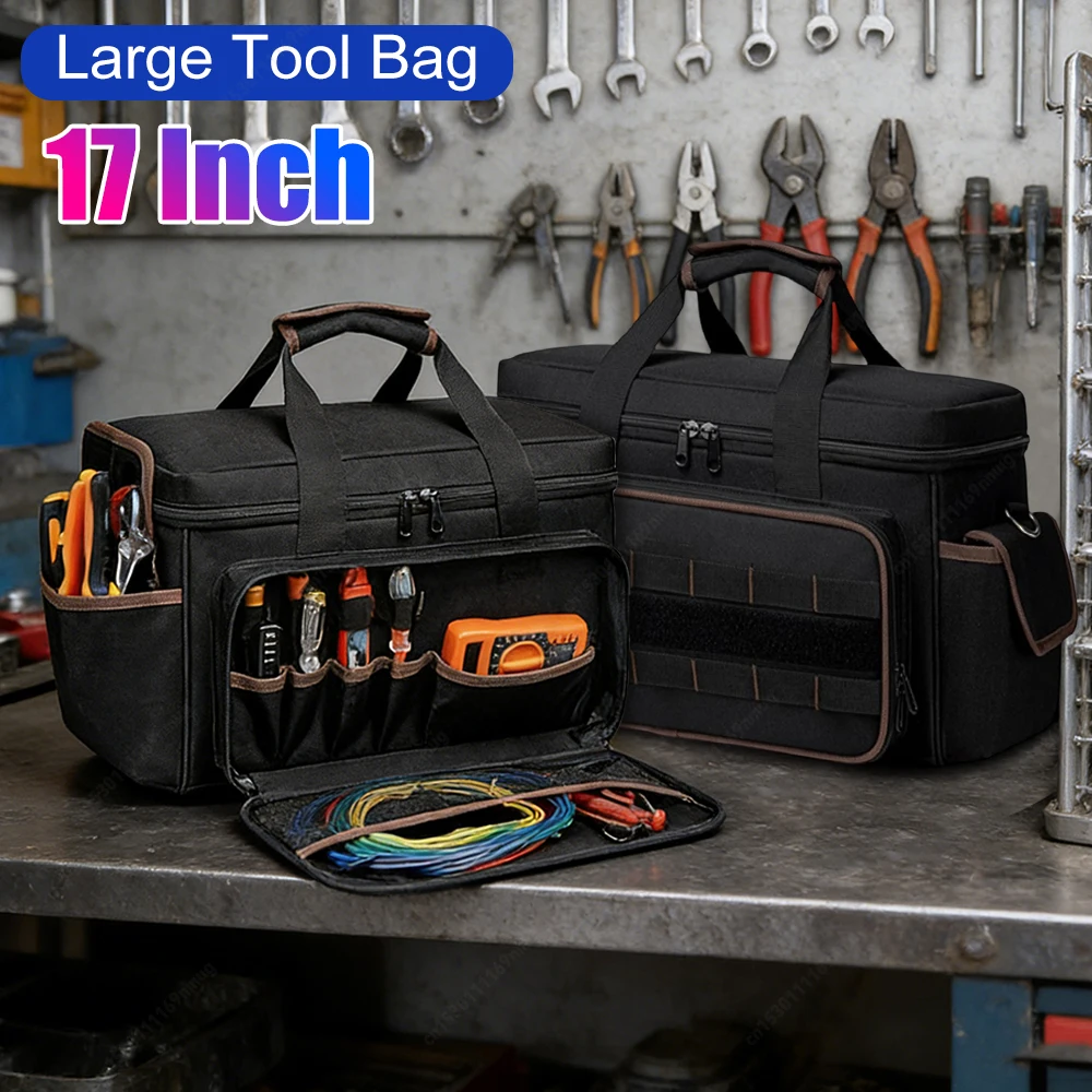 

Большая сумка-органайзер для инструментов 17 дюймов с регулируемым плечевым ремнем, сверхпрочная, для электриков, механиков, плотников, специалистов по системам ОВКВ