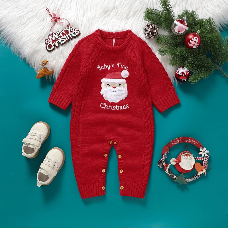 

First Christmas Baby Rompers Clothes Winter Red Long Sleeve Knitted Newborn Boy Girl Jumpsuits Playsuits One Pieces Infant Wear