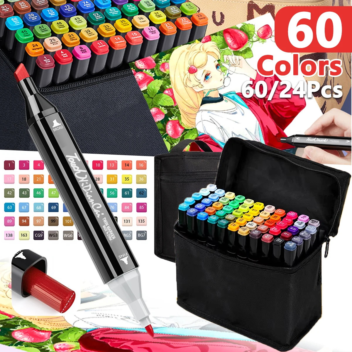 24/60 قطعة مجموعة أقلام تحديد برأسين لرسم رسم الزيتية تلميح القائمة على علامات الكتابة على الجدران مانغا مدرسة لوازم فنية أقلام تلوين #1