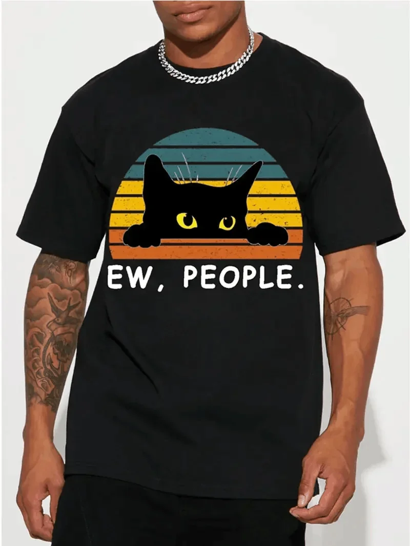 

Men's Casual Fashion Black Cat Print Cotton T-shirt, Short-sleeved Crew Neck Hip-hop Style T-shirt As A Summer Holiday GiftCX