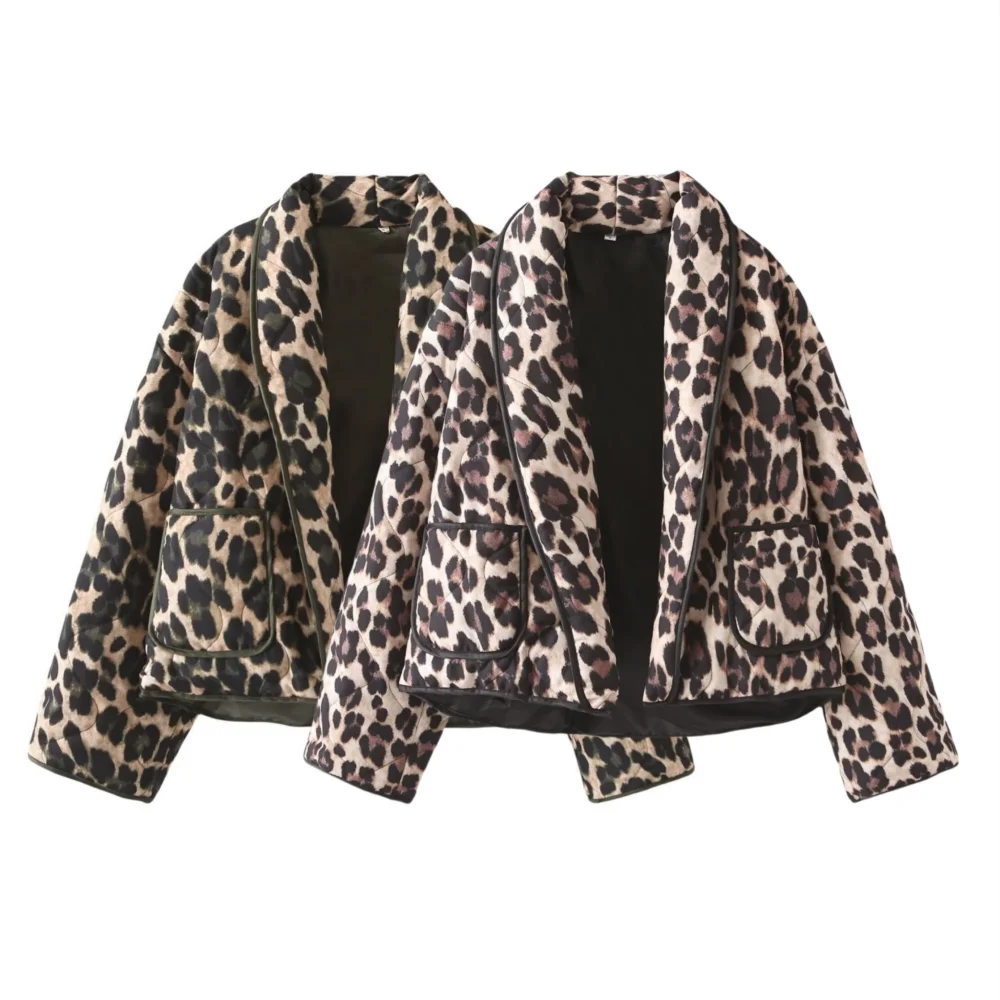 

PB&ZA2024 Autumn New Women's Fashion and Casual Versatile Leopard Print Pocket Decoration cardigan Coat