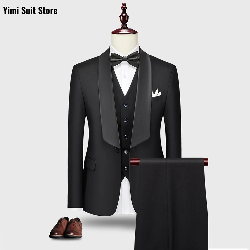 

YiMinpwp Black Men's Suit 3 Pieces Business Slim Fit Peaked Single Breasted Satin Wedding Party Suit Jacket+Vest+Pants XS-5XL
