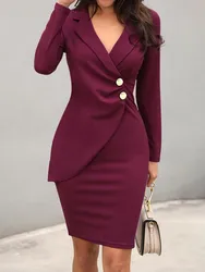 Autumn Winter Office Lady Dress 2023 Fashion Notchet Neck Long Sleave Slim Midi Pencil Dresses Women Elegant Bodycon Work Dress