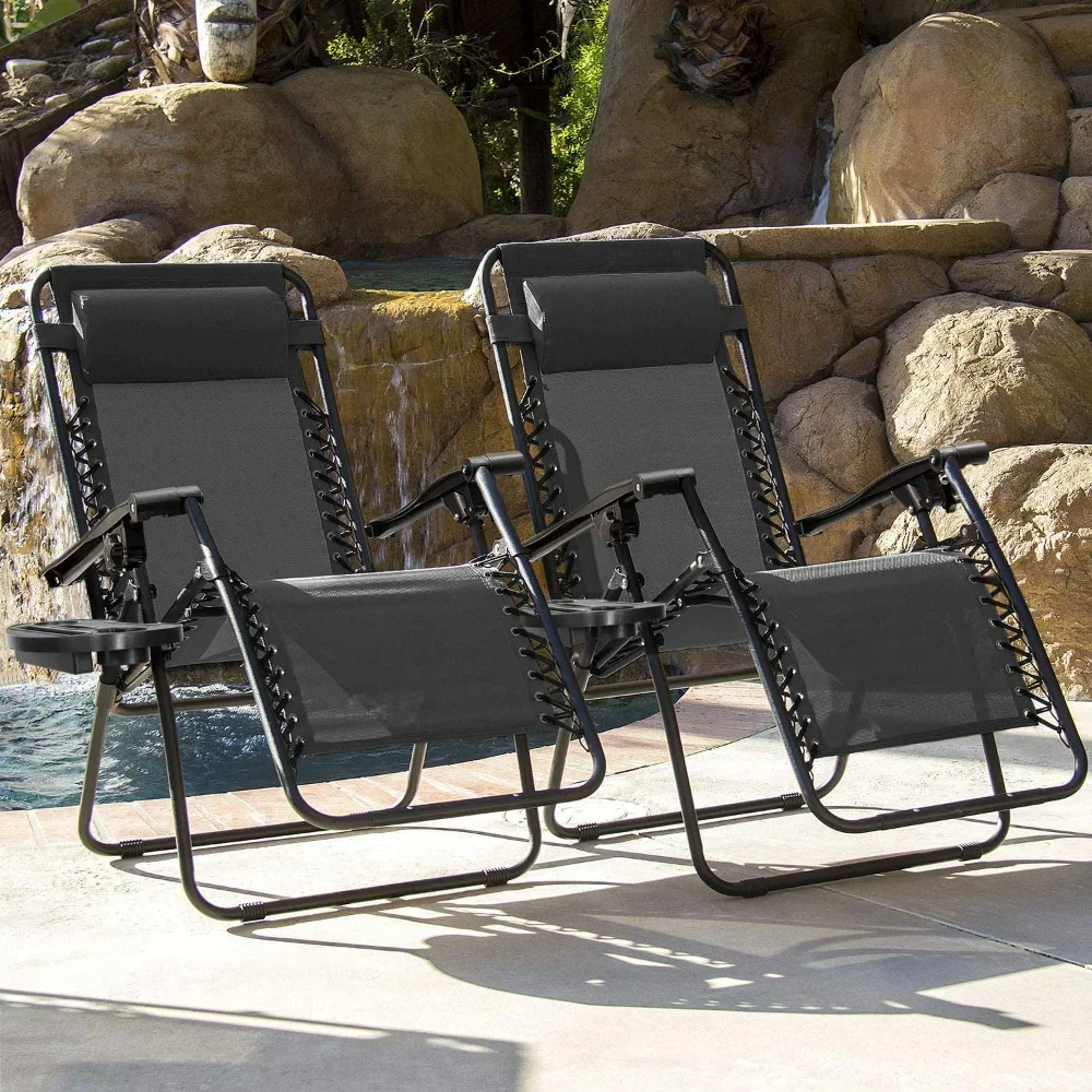 

Modern Patio Seating Black (Set of 2) with Cup Holders & Ergonomic Support Outdoor Zero Gravity Reclining Lounge Chairs