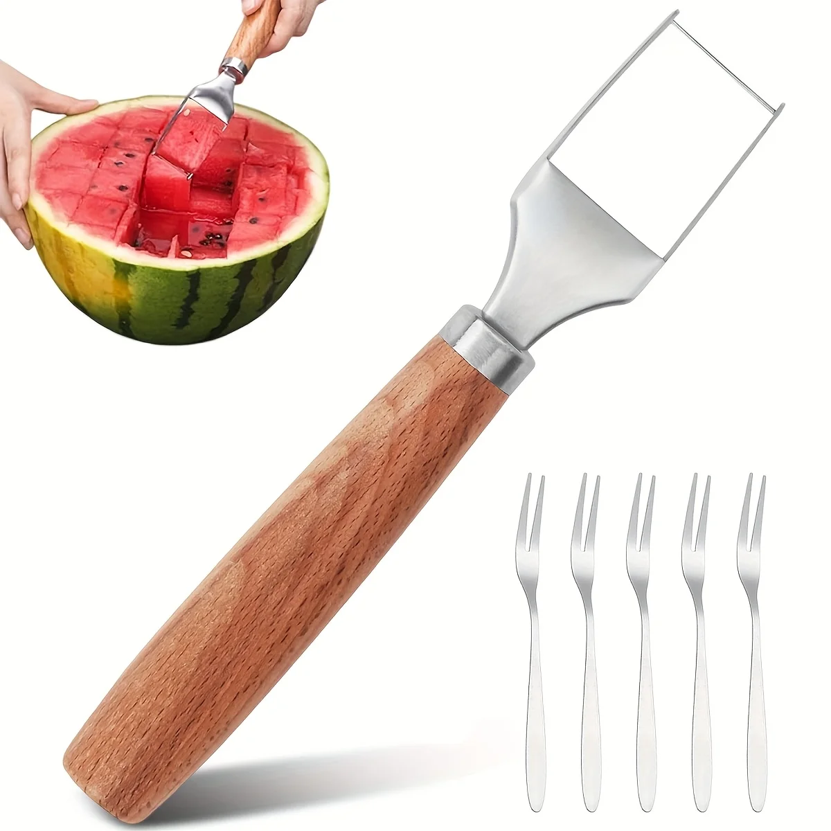 

E2 Watermelon Cutter with 5 Forks, Stainless Steel Watermelon Slicer with Beechwood Handle, BBQ Cutting Tool Fruit Fork Cutter