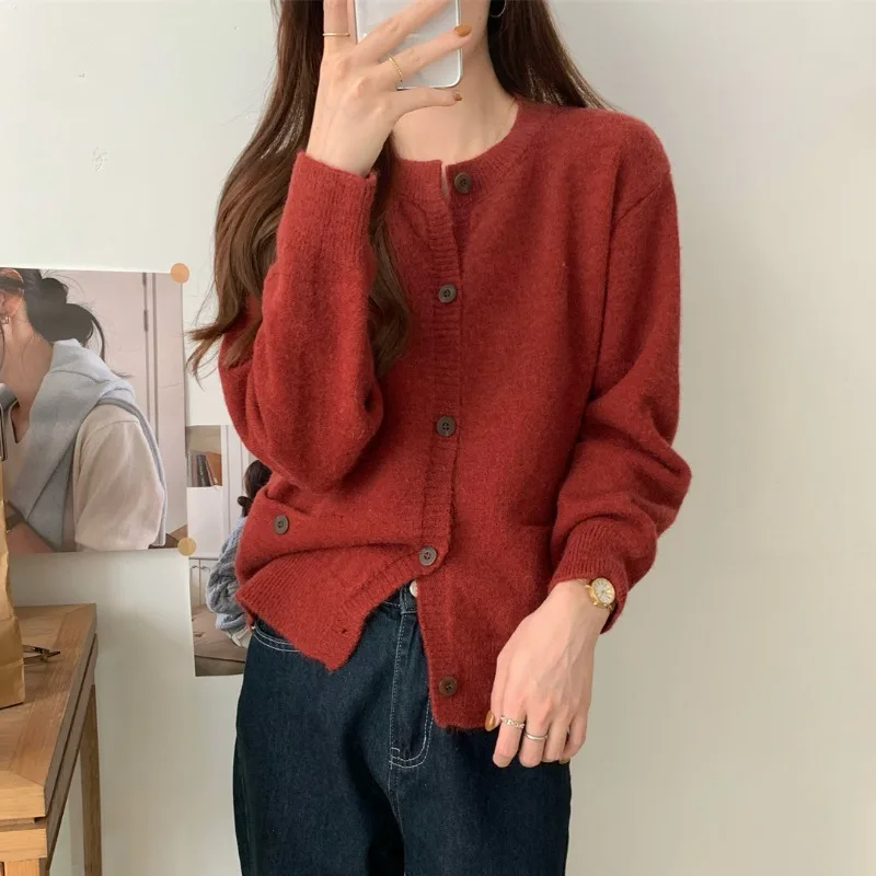 Women Knitted Cardigan Sweaters Solid Short Jumper Pocket Round Neck Long Sleeve Single Breasted Loose Casual 2025 Autumn Winter