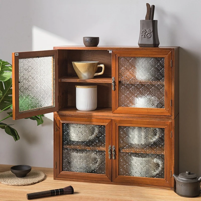 Wooden Tea Storage Cabinet with Lid Desktop Organizer Cup Mug Display Rack for Tea Set Cosmetics Home Office