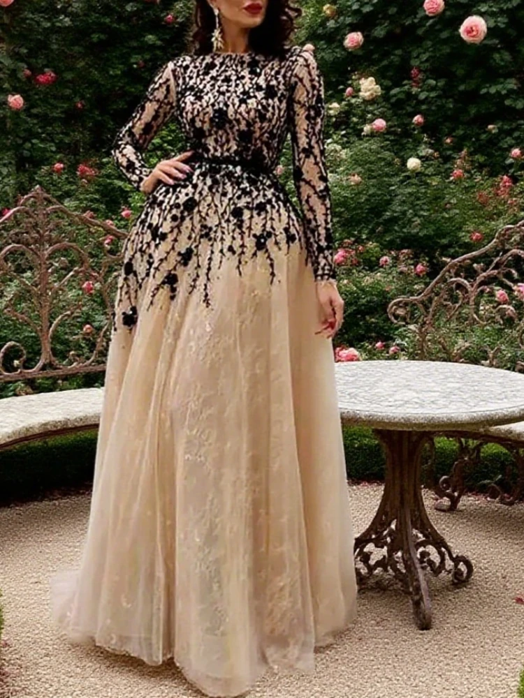 

Elegant Long Sleeves Lace A Line Evening Dresses Black Lace Flowers Tulle A Line Formal Prom Dress Evening Gowns For Women