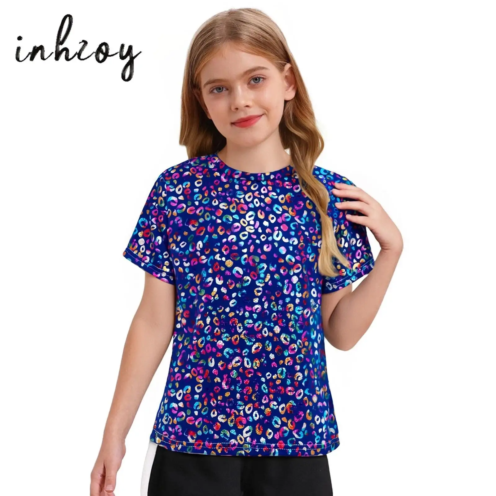 

Kids Girls Fashion Leopard Print T-Shirt Hip Hop 70s Disco Streetwear Round Neck Short Sleeve Tee Top Party Performance Costume