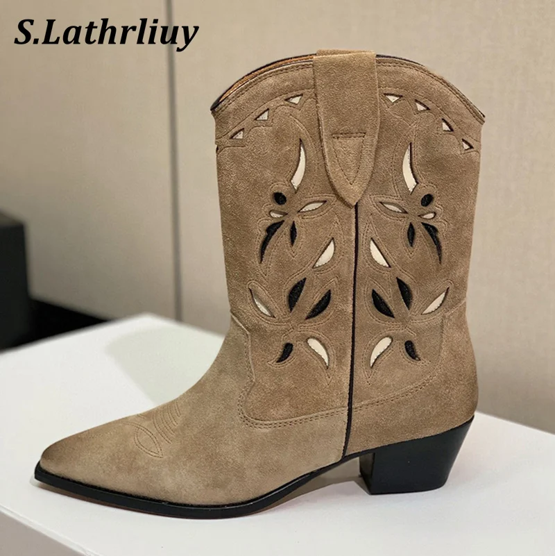 

2024 Autumn Winter Pointed Toe Western Cowboy Boots Women's Embroidery Square Heels Ankle Boots Mid Heels Retro Short Botas