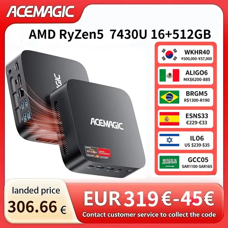 ACEMAGIC AMD Ryzen 5 7430U ミニPC 16GB LPDDR4X RAM 512GB SSD Windows 11 Pro 小型コンピューター WiFi 6 トリプルディスプレイPC