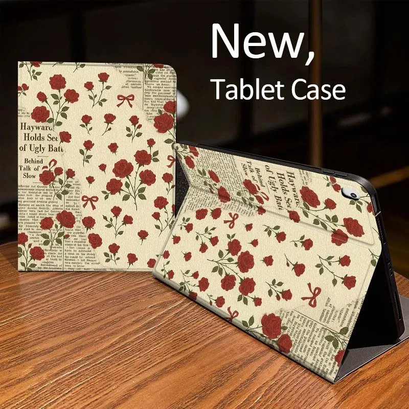 

Red Rose Pattern Paper For iPad Pro mini Air 1 2 4 3 5 6 7 8gen 9gen 11 M2 M3 M4 6th 7th 10th 11th Gen 2025 Tablet Case