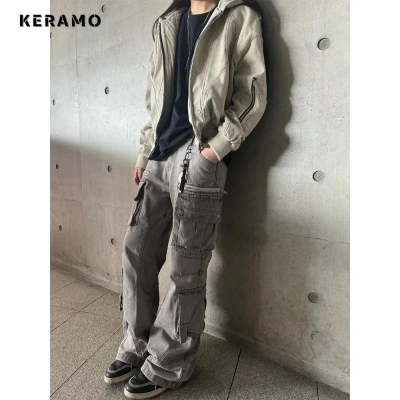 Feminino casual retro perna larga baggy emo denim calças harajuku cintura alta solta jeans streetwear y2k sólido clube 2000s calças