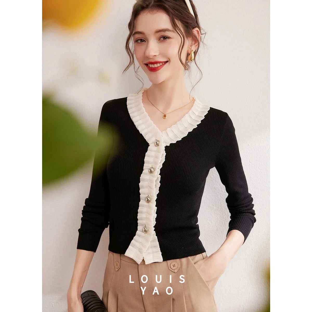 LOUISYAO bicolore épissage col en v pulls 2025 automne nouveau Cardigan coupe ajustée légèrement élastique femmes tricoté pull