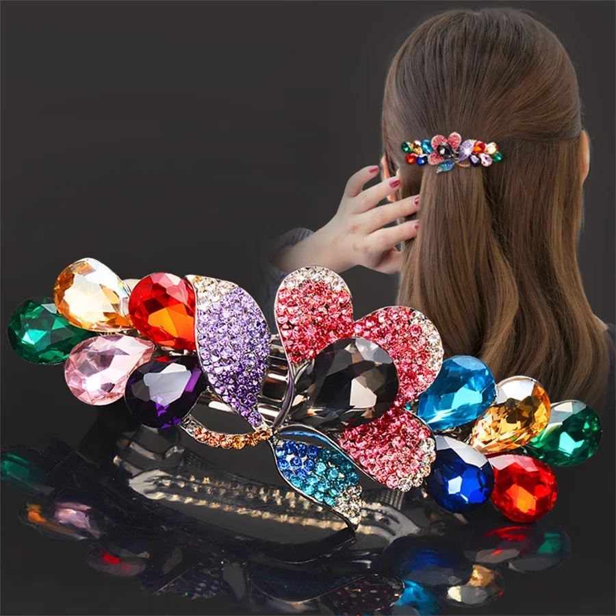 2023new Fashion Retro Crystal Butterfly Hair Clip Large Top Clip Flower Spring Clip high quality Female Mother hairpin Headdress