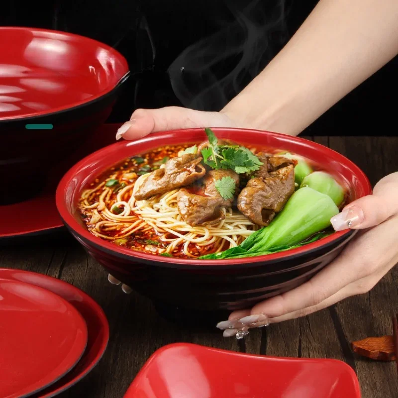 Black and Red Beef Noodle Bowl Commercial Home Kitchen Cutlery Bowl Melamine Ramen Bowl Breakfast Bowl Plastic Plate