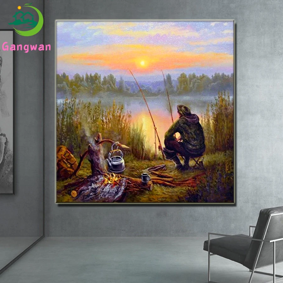 DIY Anglers 5D Full Square Diamond Embroidery Sunset fishing campfire landscape Diamond Painting Mosaic Cross Stitch Home Decor