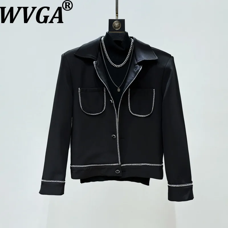 

WVGA Spring Autumn New Men Y2K Diamond Trendy Short Jacket Niche Casual Stylish Padded Shoulder Turn-Down Collar Coat Ins W15413