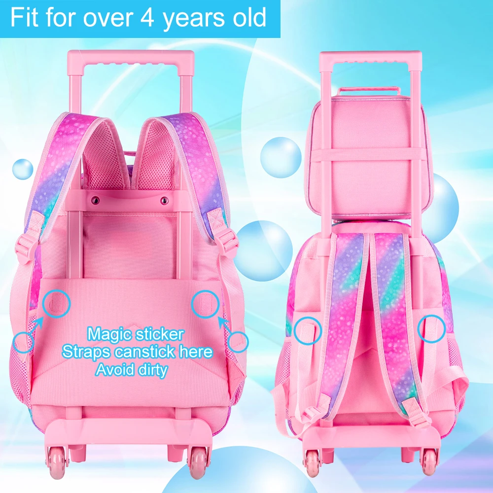 Rolling Backpack for Girls Boys, Kids Roller Wheels School Bookbag with Lunch Bag, Wheeled School Bag for Children