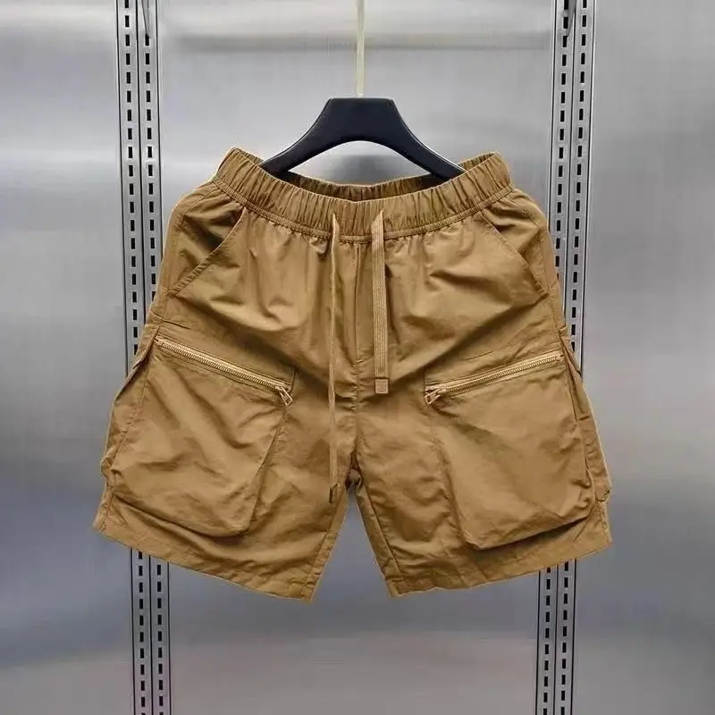Summer Drawstring Cargo Shorts For Men Casual Loose Five-Point Shorts Quick Dry Outdoor Pocket Zipper Breathable Short Pants