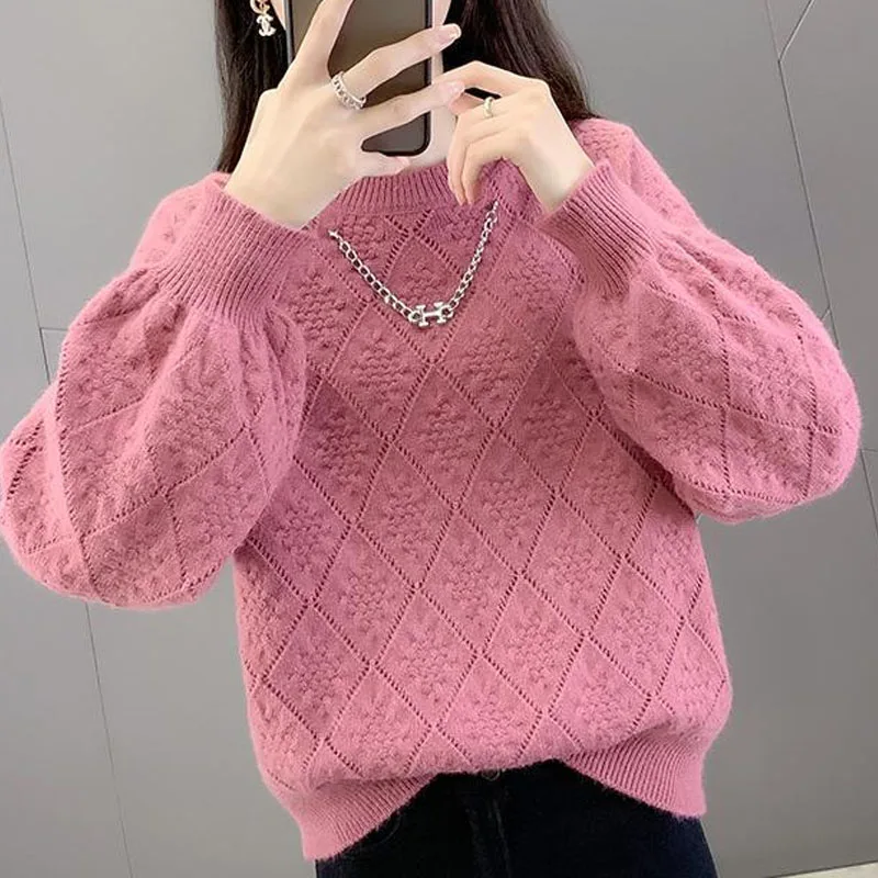 New Autumn/Winter Fashion Korean Edition Solid Jacquard Round Neck Loose and Versatile Foreigner Women\'s Long Sleeve Sweater