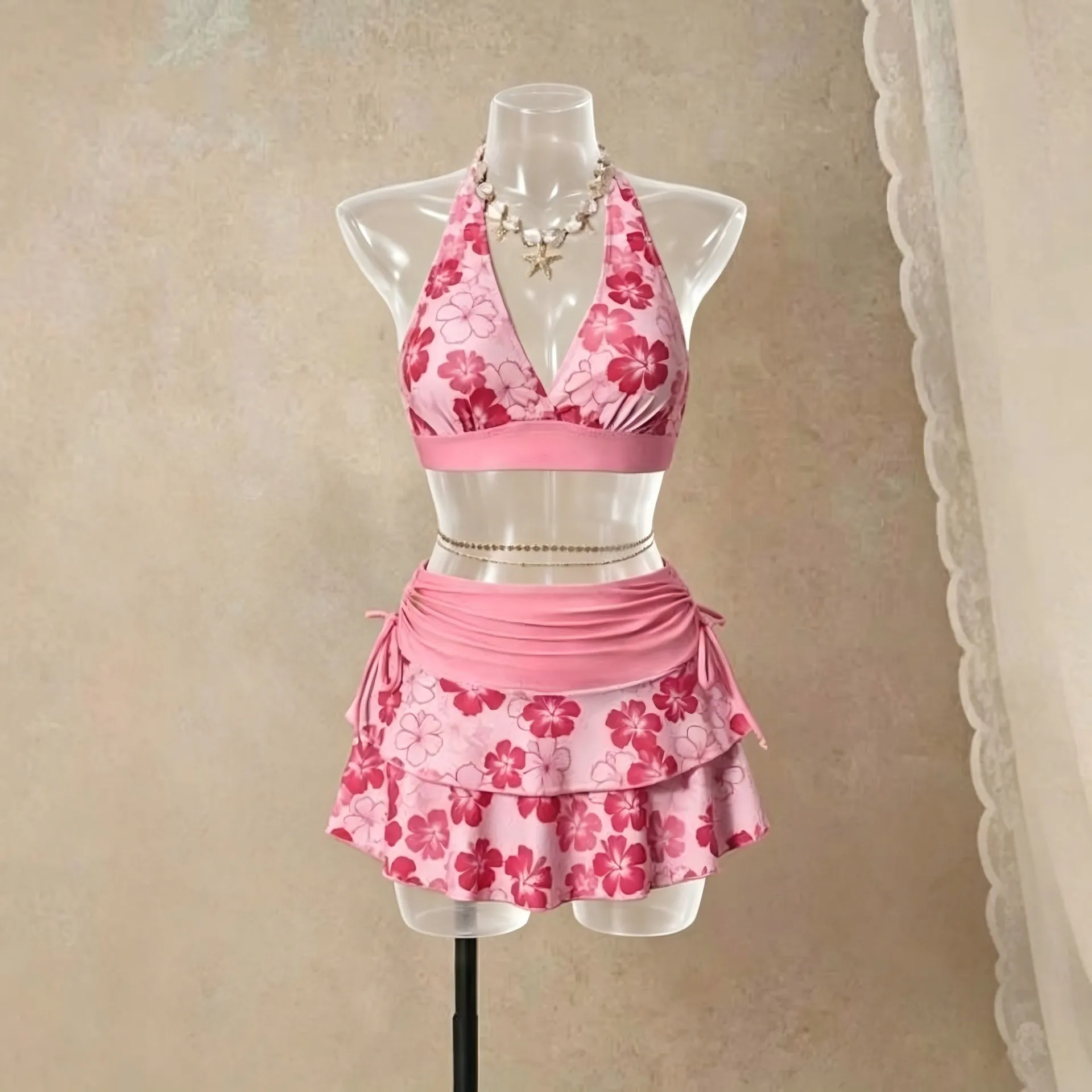 3 Piece Women Bikini Set Pink Floral Halter V Neck Swimsuit Layer Ruffle Skirt Cover Up Hawaii Beach Vacation Bathing Suits