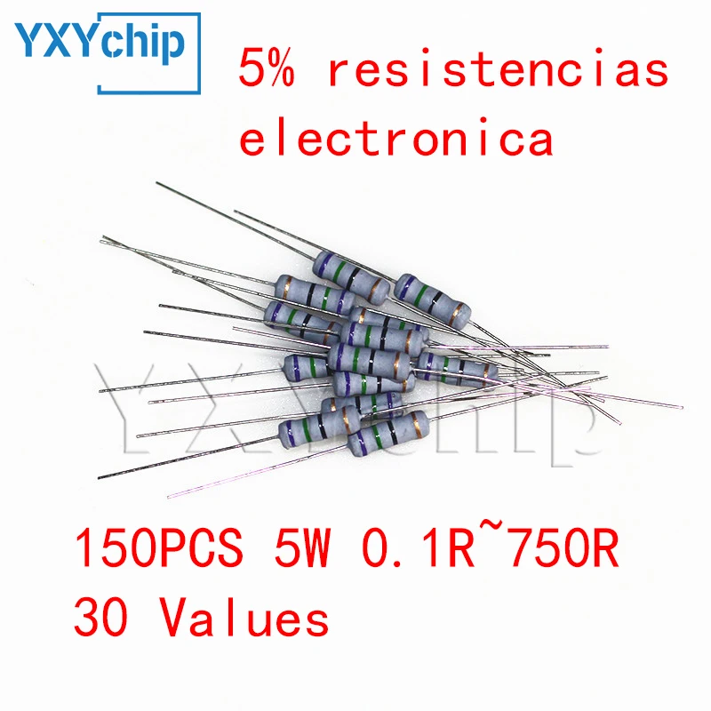 

150 шт., 5 Вт, 0,1R ~ 750R, набор резисторов, 30 значений, набор резисторов из углеродной пленки, резистор 10 Ом, 5% резистора resistencias electronica