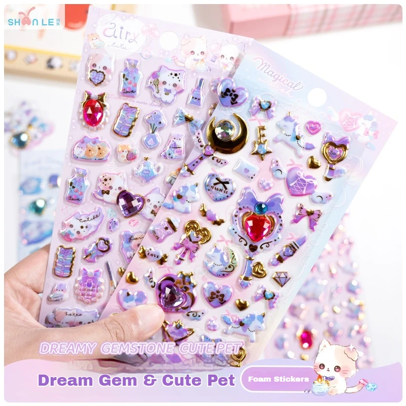 Dreamy Gem Bubble Stickers Fantasy Cute Cartoon Bunny Puppy Moon Unicorn Magic Wand Girl Diary Phone Case Decorate Child Gifts