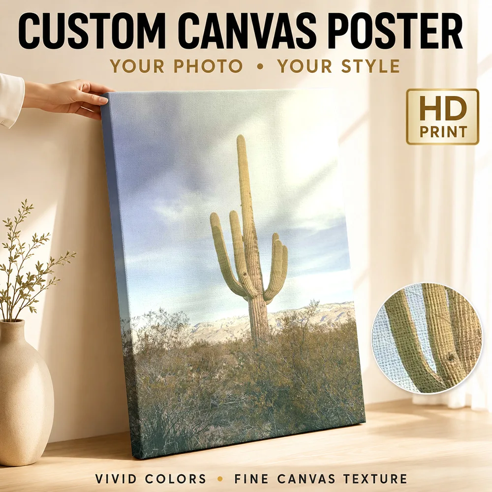 Saguaro Cactus In Desert Landscape Framed Canvas Print Customized Photo Contemporary Wall Art For Entryway, Housewarming Gift