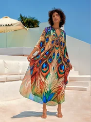 EDOLYNSA Bohemian Printed Women Kaftan Robe Butterfly Chic Vacation V-neck House Bathing Suit Cover Up Moo Moo Dresses Q1670