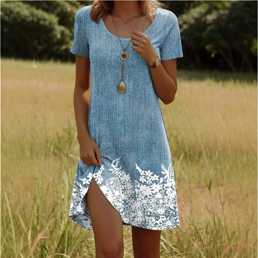 

【New style】- Y2 European and American new 3D digital printed women's round collar fashion printed short-sleeved dress polyeste