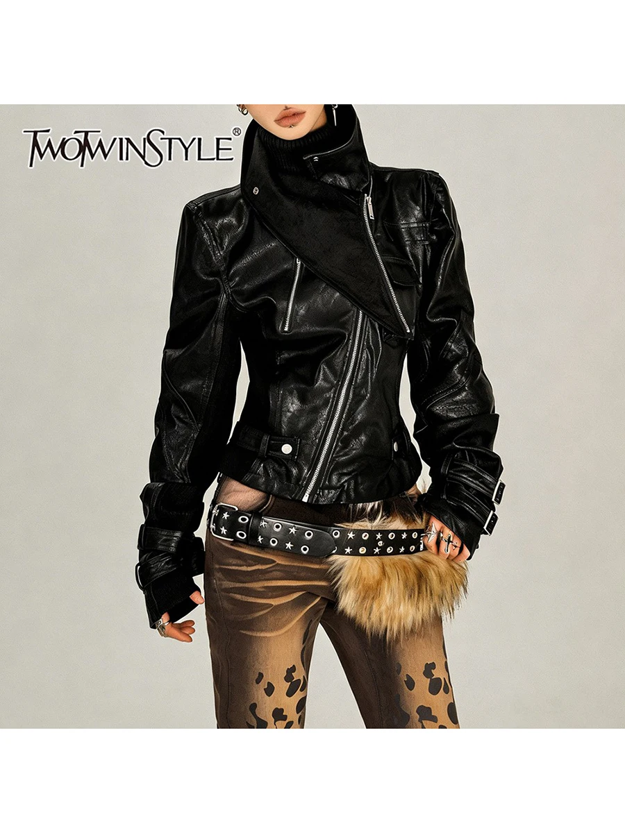 TWOTWINSTYLE الصلبة تقسم سستة موضة سترات جلدية للنساء عالية الرقبة طويلة الأكمام المرقعة جيب سترة الإناث جديد