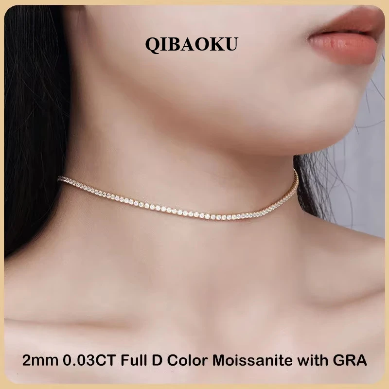 QIBAOKU 2mm 0.03CT D Color Moissanite Tennis Necklace for Women Lady GRA S925 Silver Plated 18K Gold Chain Choker Necklaces 2026