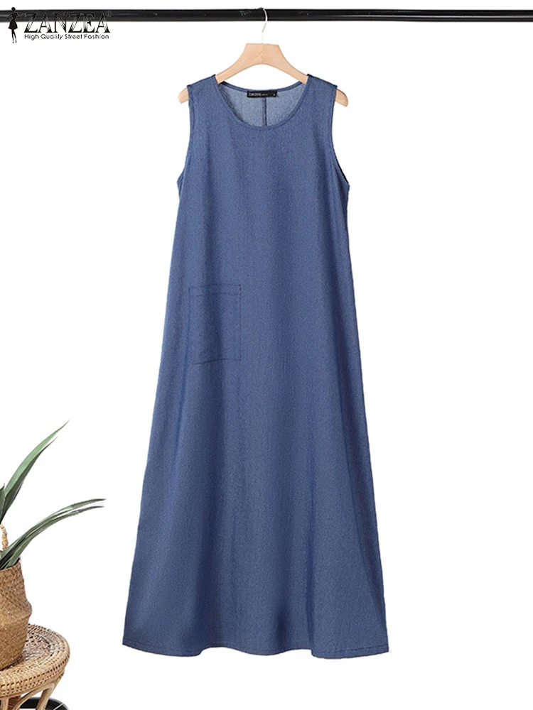 2025 zanzea muçulmano abaya hijab vestidos moda verão sem mangas macacão dresswomen vintage sólido denim azul vestidos de verão