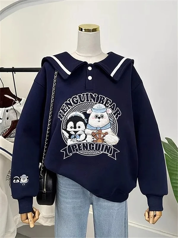 

Женская толстовка оверсайз с вышивкой мультяшного персонажа, темно-синим воротником, на флисе, с длинным рукавом, осенне-зимняя, универсальная, свободного кроя, для веса до 300 фунтов