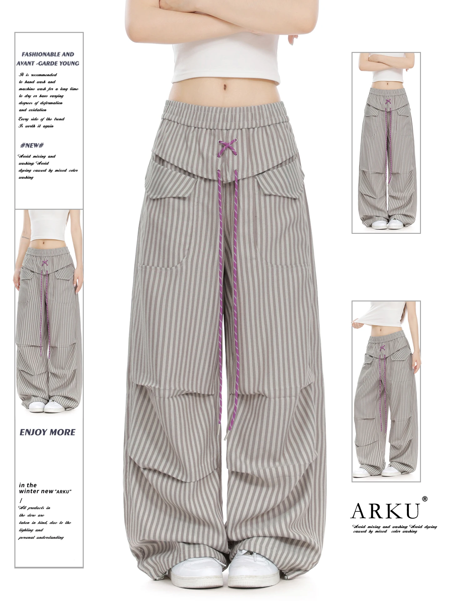Loose Women's Utility Pants ARKU American Stripe Belted Paratrooper Wide Leg Casual Trousers Vintage Drape Folded Straight