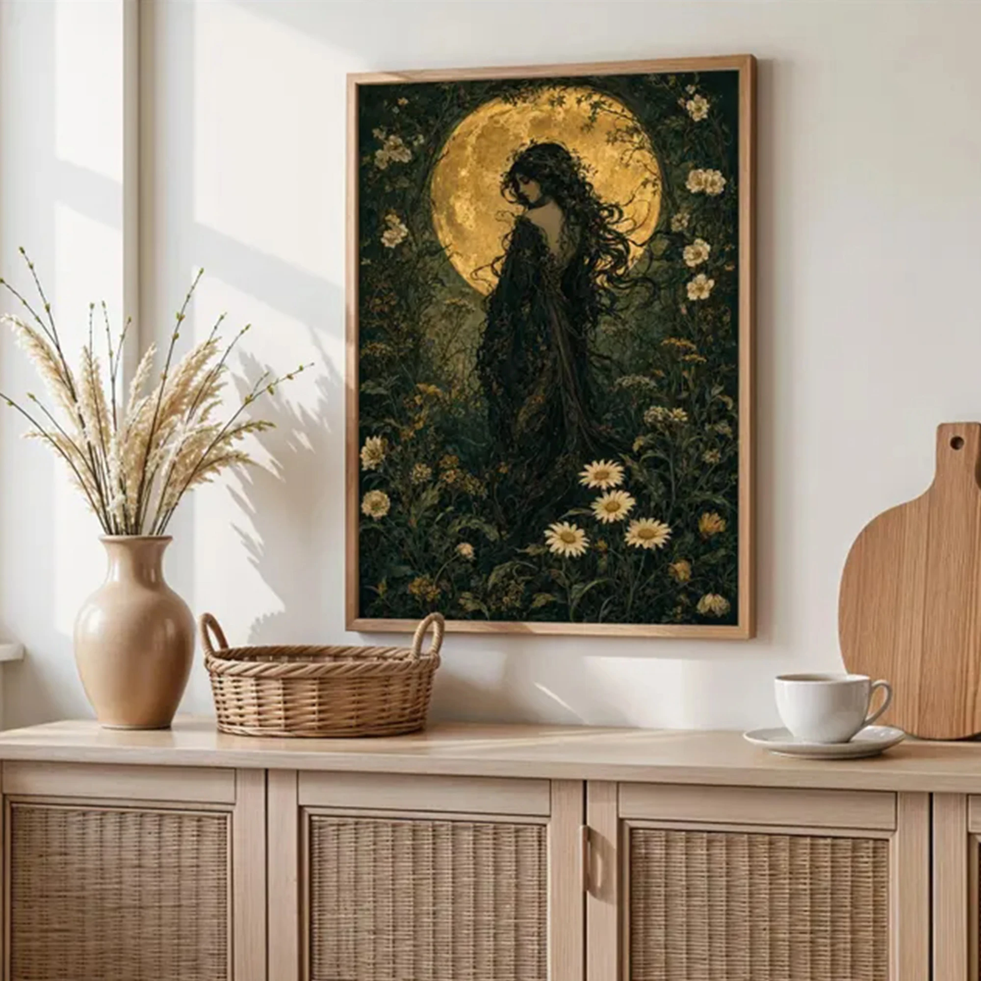 Modern Dark Academia Mystical Wildflower Woman Wall Art Print Canvas Painting Poster Picture For Living Room,Bedroom Home Decor