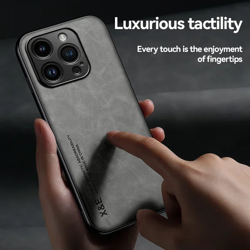 Funda de Cuero de Lujo para iPhone 17 16 16e 15 14 13 12 11 Pro Max Plus 12 13 Mini SE 8 7 con Placa Metálica para Soporte de Auto 6