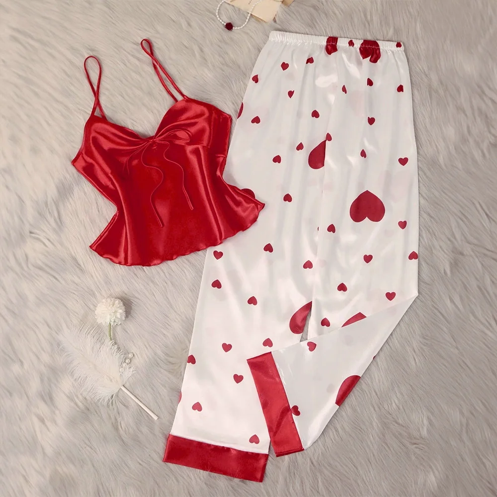 

Sexy Red White Satin Pajamas Sets Sleeveless Loungewear Print Top&pants Simple Breathable Sleepwear for Women Lingerie