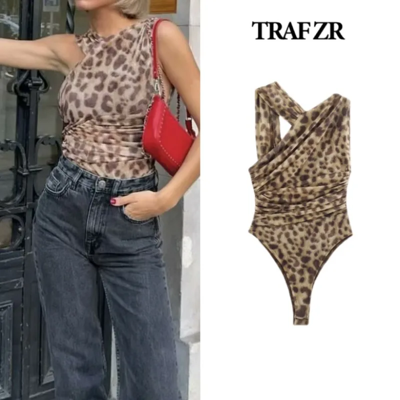 TRAF ZR Romper for Women 2024 Sexy Playsuit Bodys Woman Trend 2024 Jumpsuits Women\'s Elegant Luxury Leopard Summer Romper