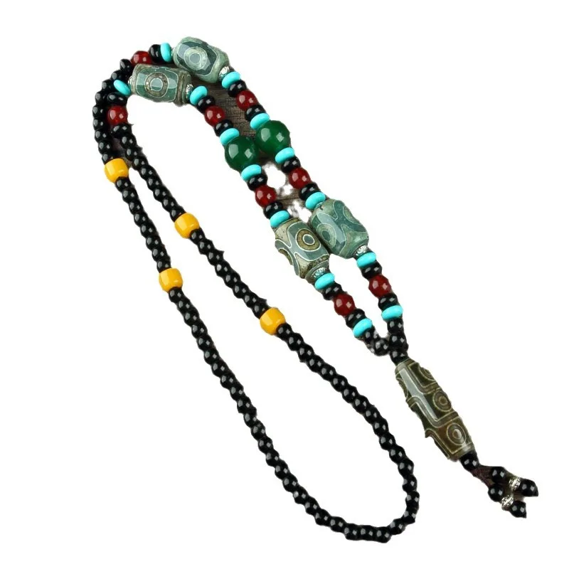 Green Agate Necklace Tibetan Style Dzi Bead Tibet Beads Sweater Chain