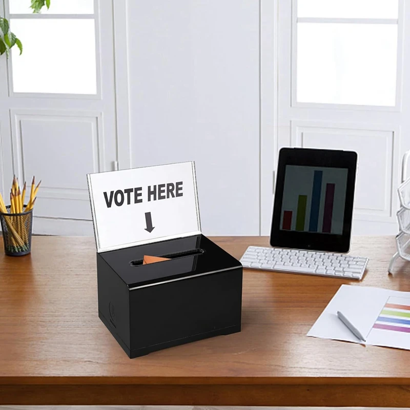 1 Pack Donation Box With Lock Ballot Box With Sign Holder Acrylic Black For Fundraising, Donation