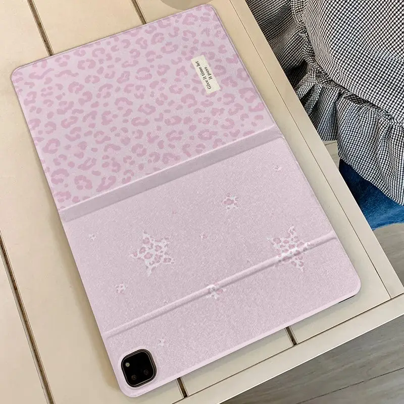 Pink Leopard Print Star iPad Case For iPad Pro 11 13in 2025 iPad Pro 12.9in Air7 10th 11th M4/5  Anti-fall Book Style Cover Y2K