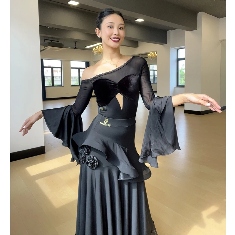 

Черная кружевная одежда для бальных танцев, женская тренировочная одежда, топы с расклешенными рукавами, юбка с рюшами, платье для соревнований по вальсу, NV25594