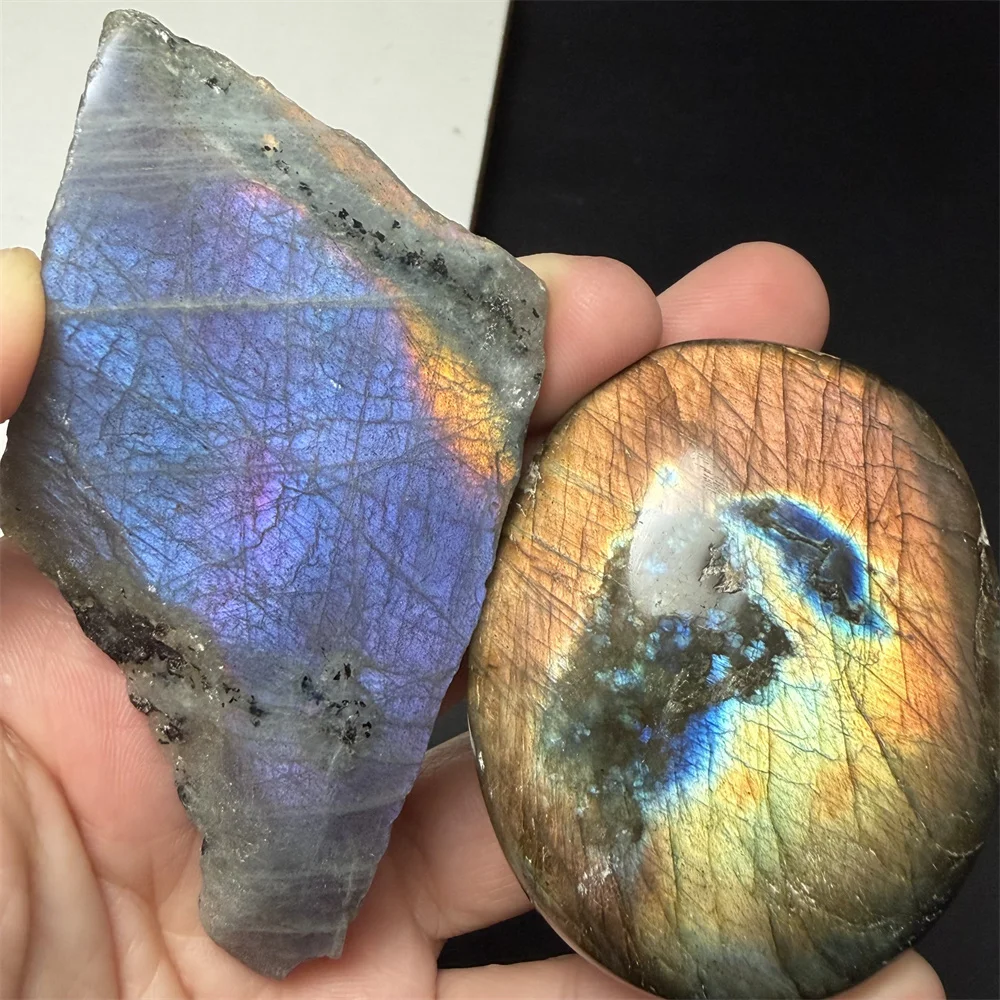 2 PIEZAS de Labradorita Natural en Rodajas, con Luz Azul Brillante, Amarilla, Rosa, Púrpura y Naranja, Adorno de Piedra Labradorita Luminosa y Colorida